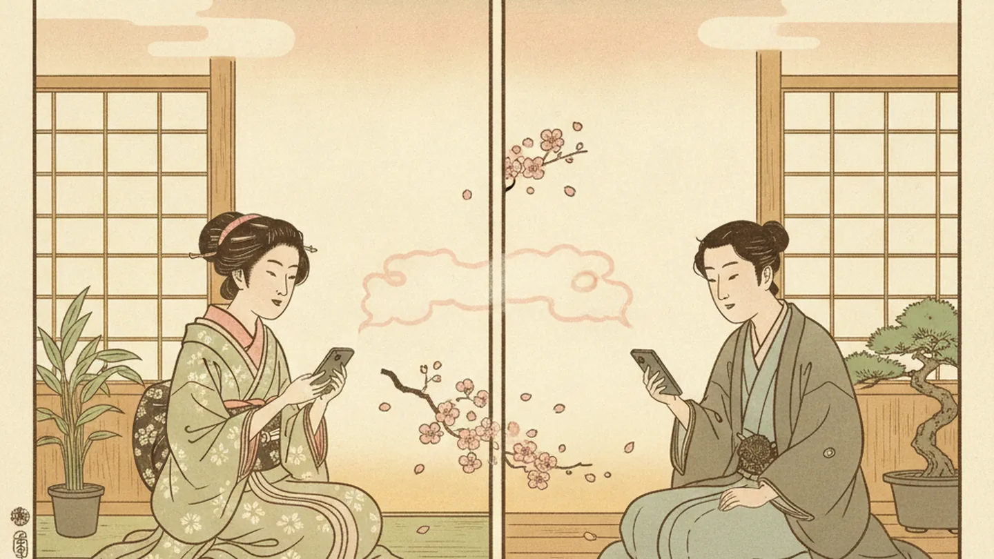 A split-screen woodblock print of two people in their own rooms, each on a phone, a cherry branch bridging the divide between them