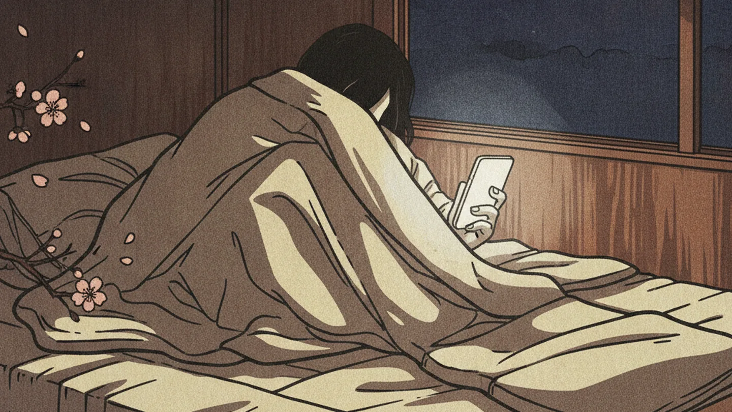 A dark bedroom past midnight, the cold glow of a phone the only light on someone half-curled under a blanket