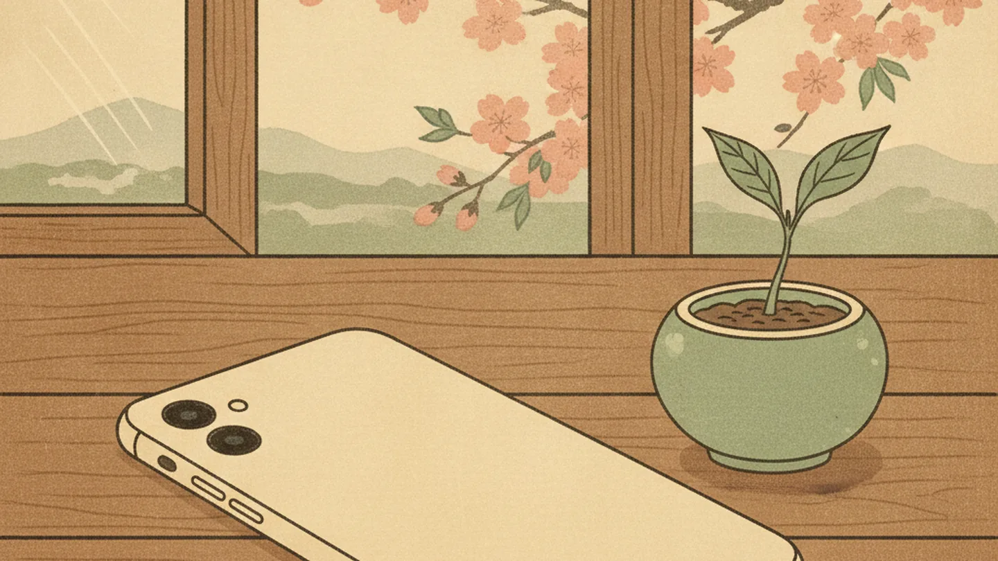 A phone placed face-down on a table beside a small plant sprouting one fresh leaf, a cherry branch reaching in through the window